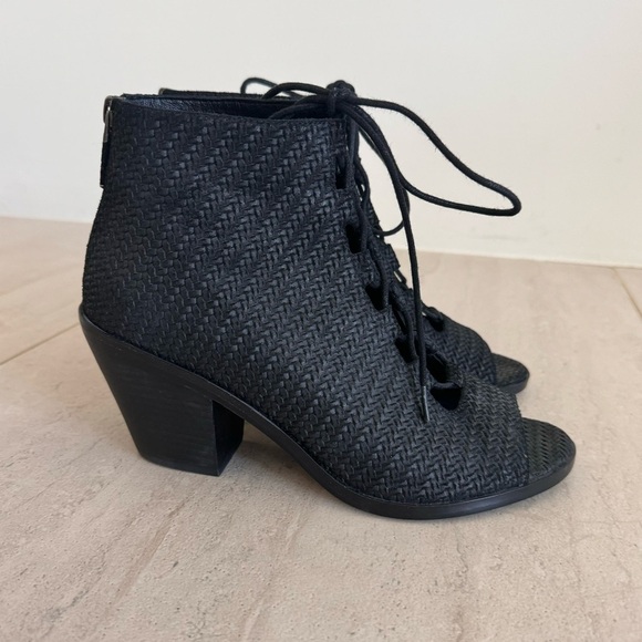 EILEEN FISHER Peep Booties Sandal Black Leather Lace Up Heels Size 9 - Picture 4 of 9